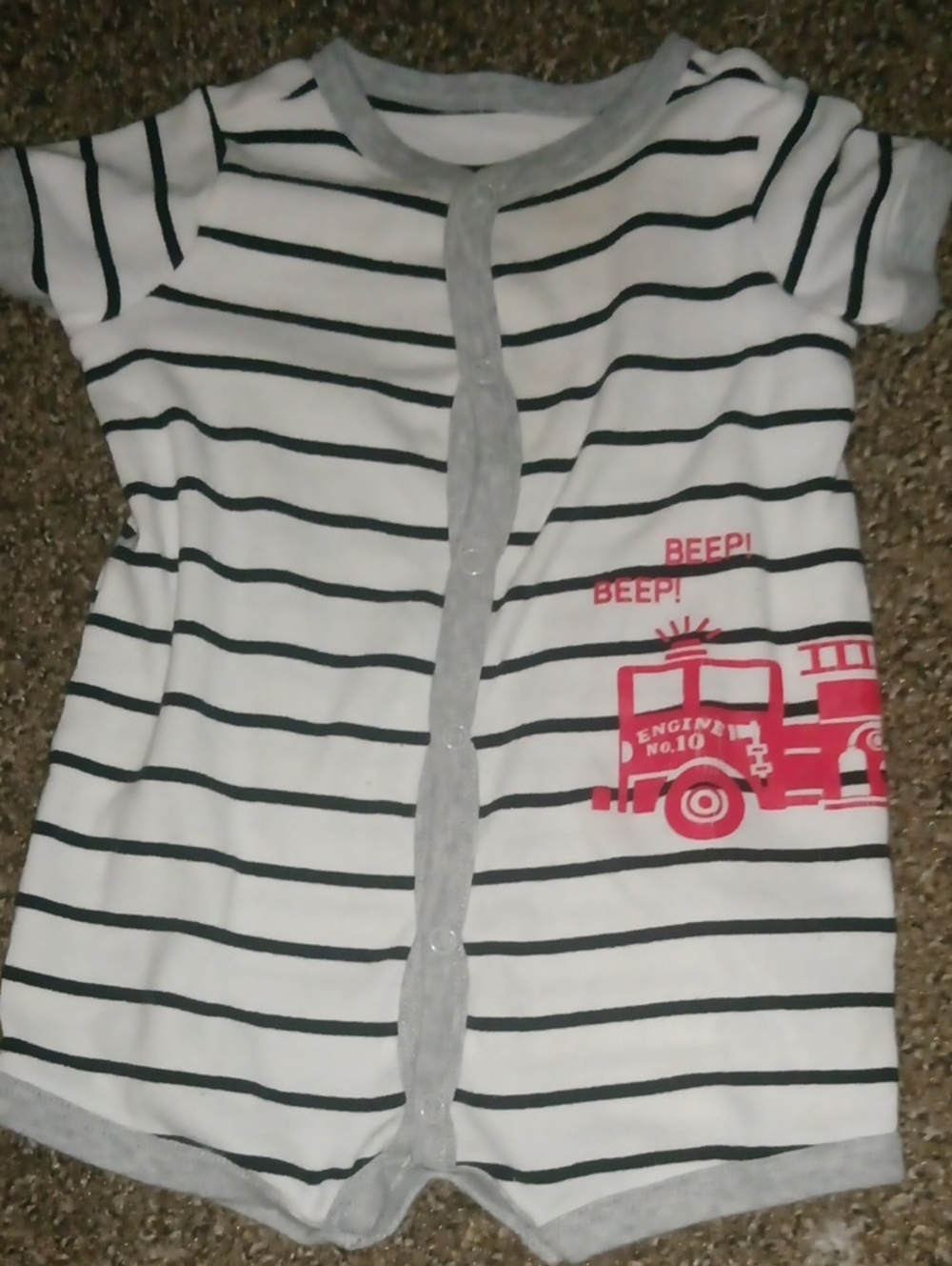 Kids White&Black Striped Short Sleeve Pajama Romper with Red Fire Truck-Carter's